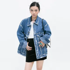 Denim Patchwork Single Breasted Jackets For Women Lapel Long Sleeve Casual Loose Jacket Female Fashion Clothing