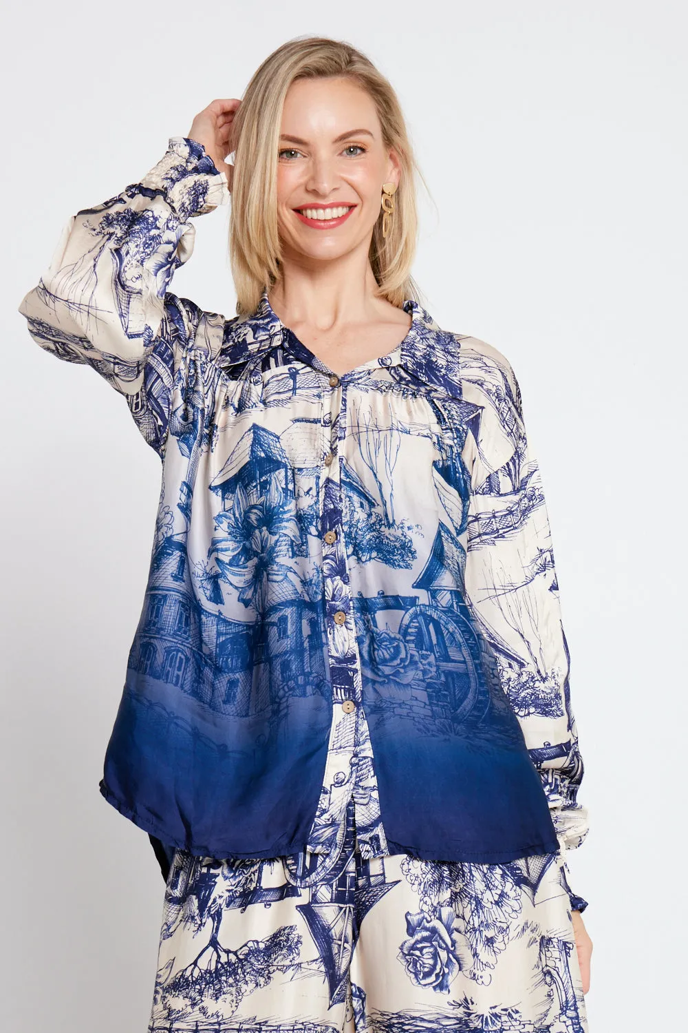 Dimitra Satin Shirt - Navy/Cream