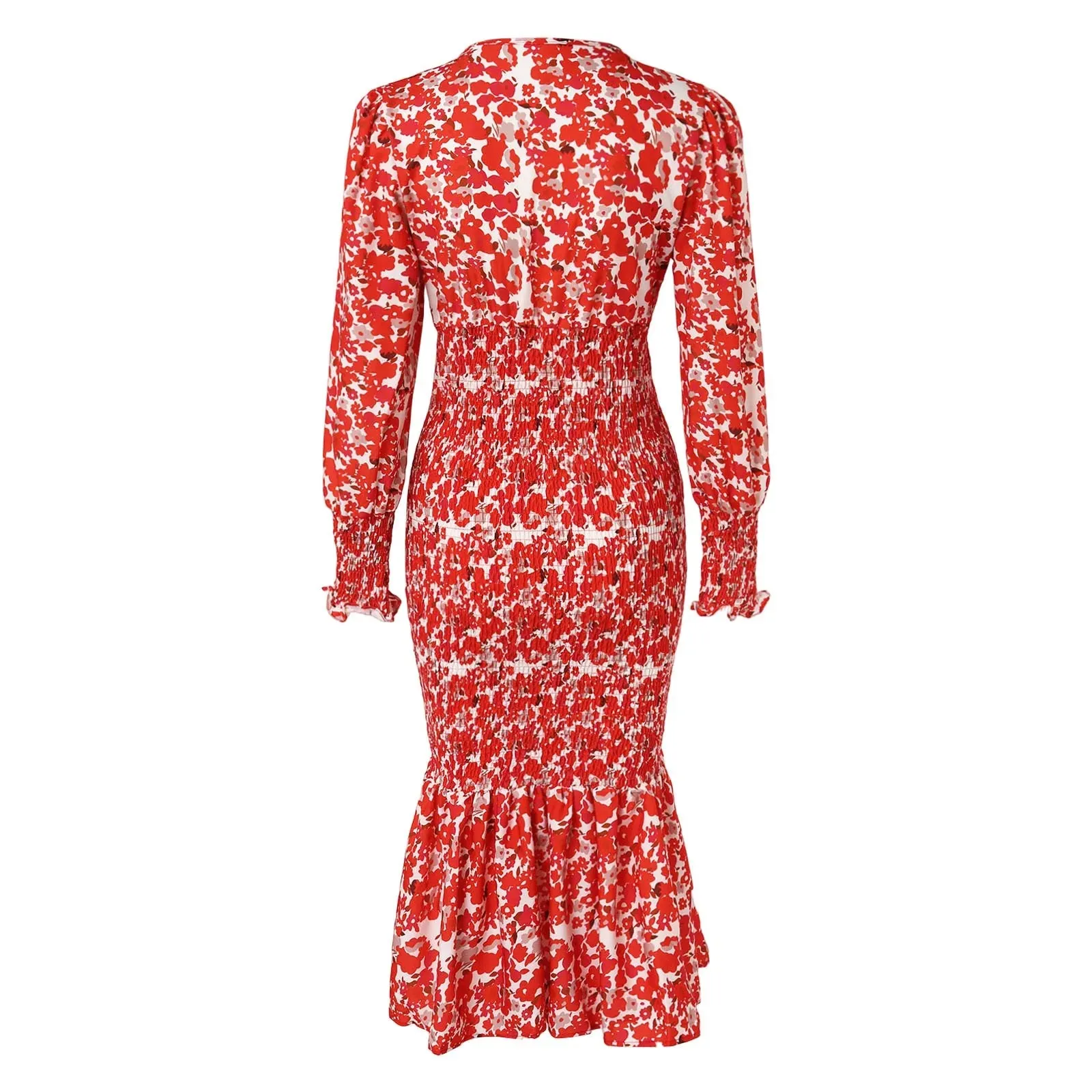 DressBetty - 2024 Elegant Floral Print V Neck Lantern Sleeve Midi Dress