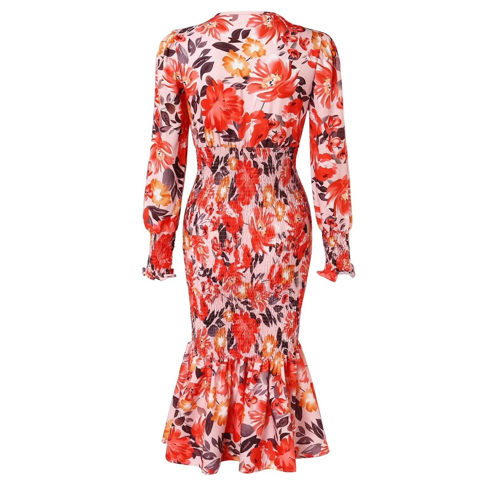 DressBetty - 2024 Elegant Floral Print V Neck Lantern Sleeve Midi Dress