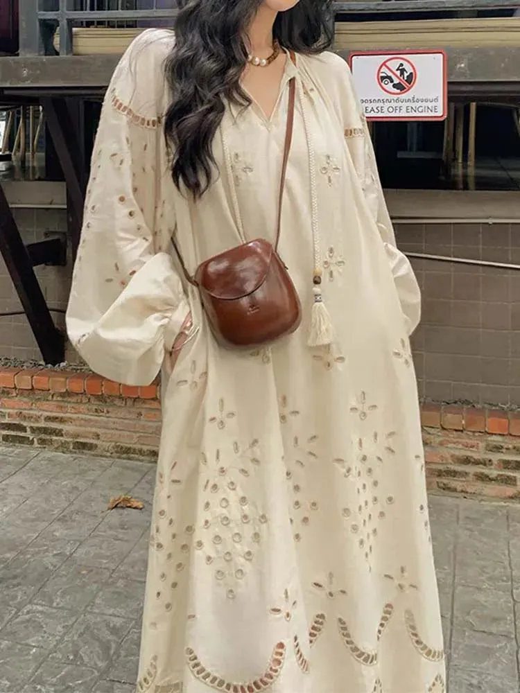 DressBetty - 2024 Korean Style Vintage Long Sleeve V-Neck Boho Hollow Out Maxi Dress