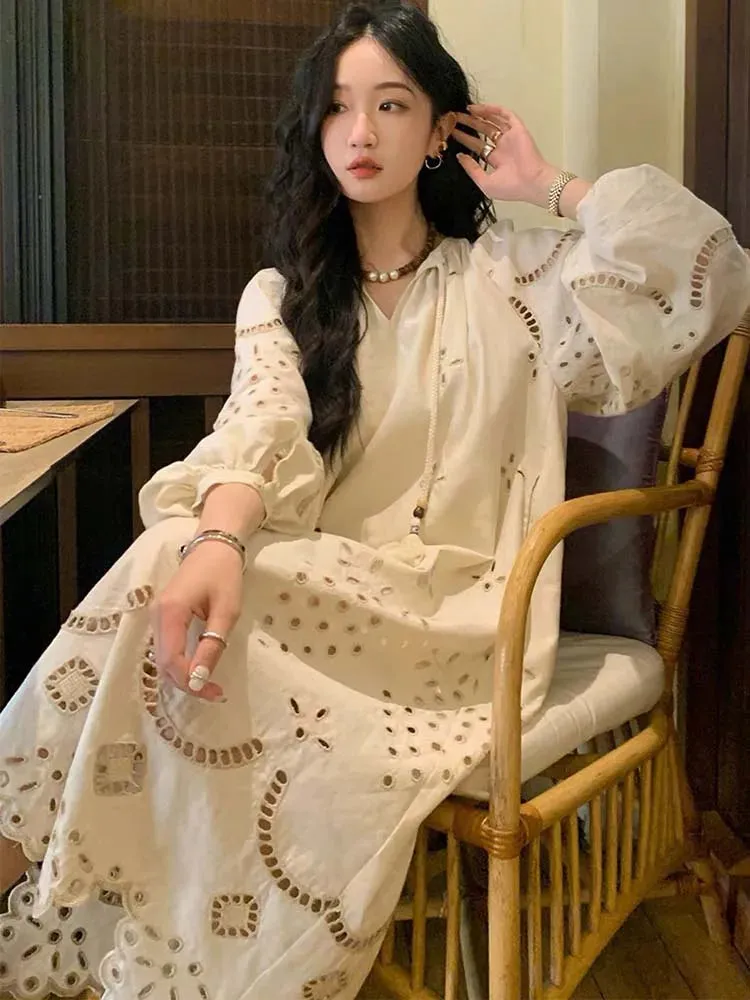 DressBetty - 2024 Korean Style Vintage Long Sleeve V-Neck Boho Hollow Out Maxi Dress