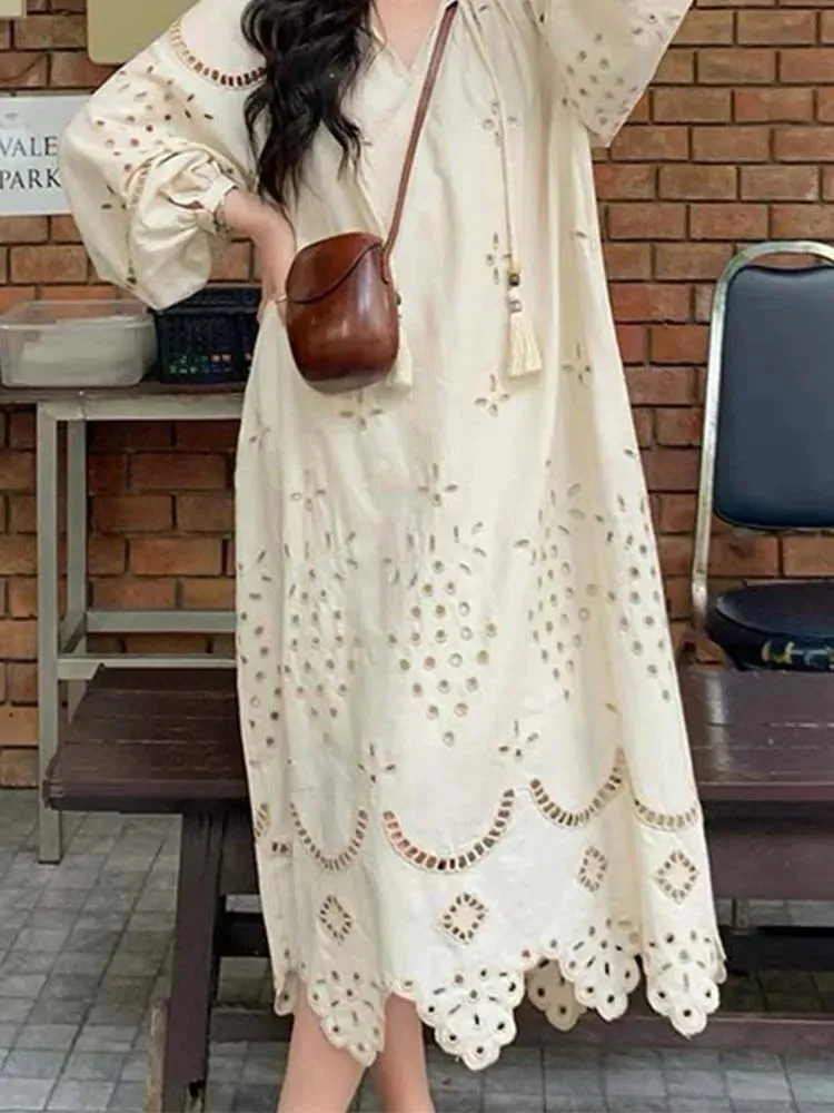 DressBetty - 2024 Korean Style Vintage Long Sleeve V-Neck Boho Hollow Out Maxi Dress