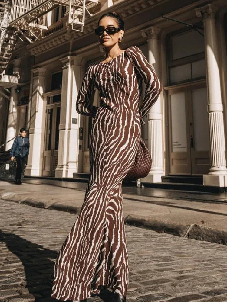 DressBetty - 2024 Vintage Zebra Print Sexy Long Sleeve Party Maxi Dress