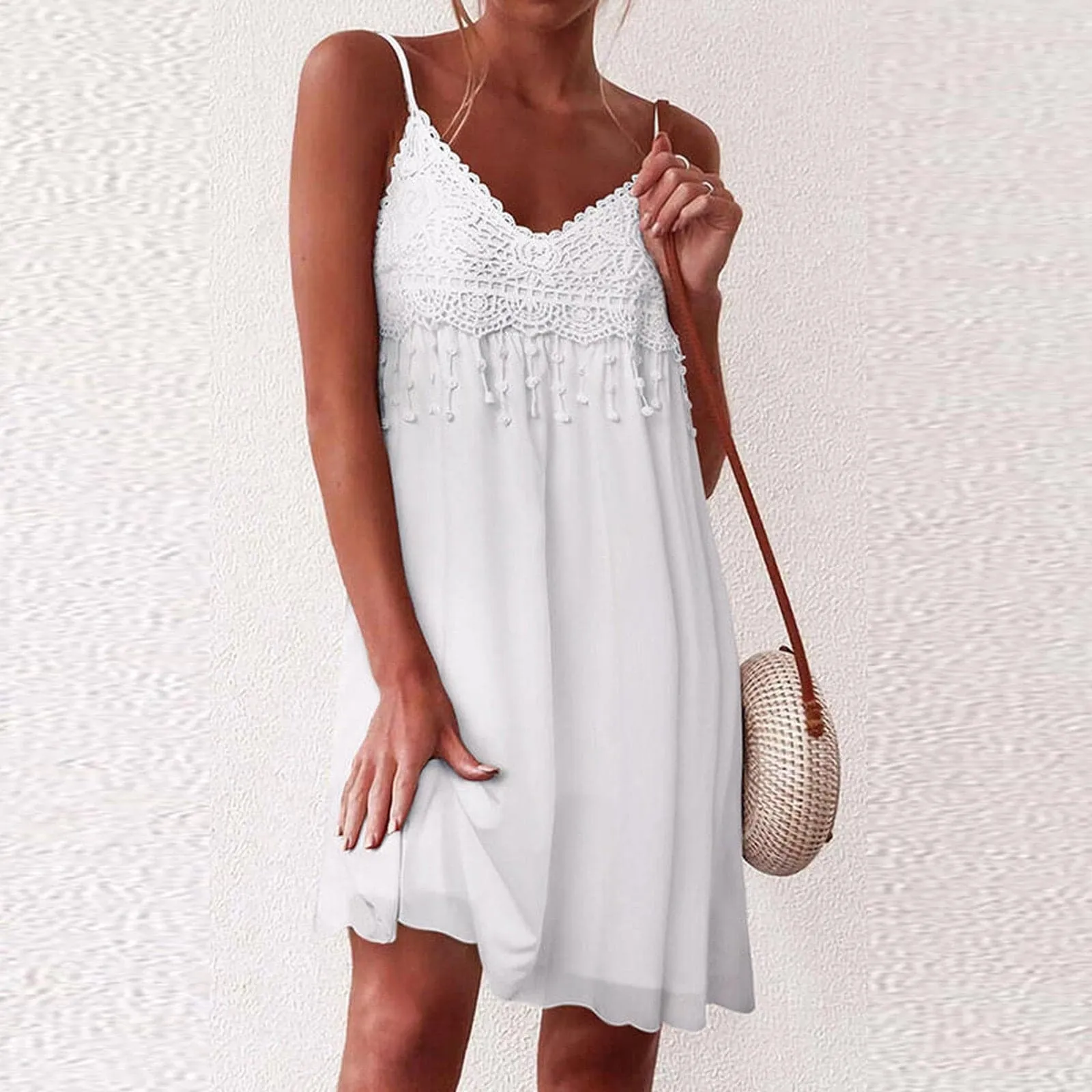 DressBetty - V-Neck Strap Open White Lace Sleeveless Loose Elegant Mini Dress