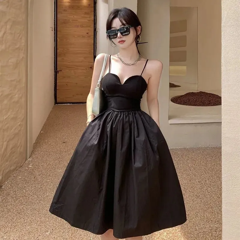 Dresses Womens Sleeveless Solid Vintage Sundress High Waist Elegant A-line Fashion French Retro Summer Female Backless dress.