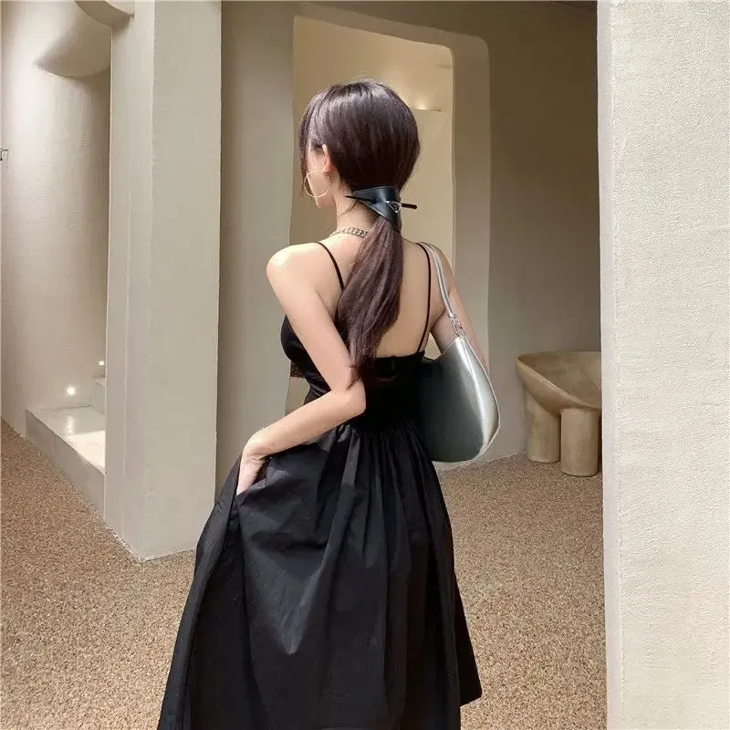 Dresses Womens Sleeveless Solid Vintage Sundress High Waist Elegant A-line Fashion French Retro Summer Female Backless dress.