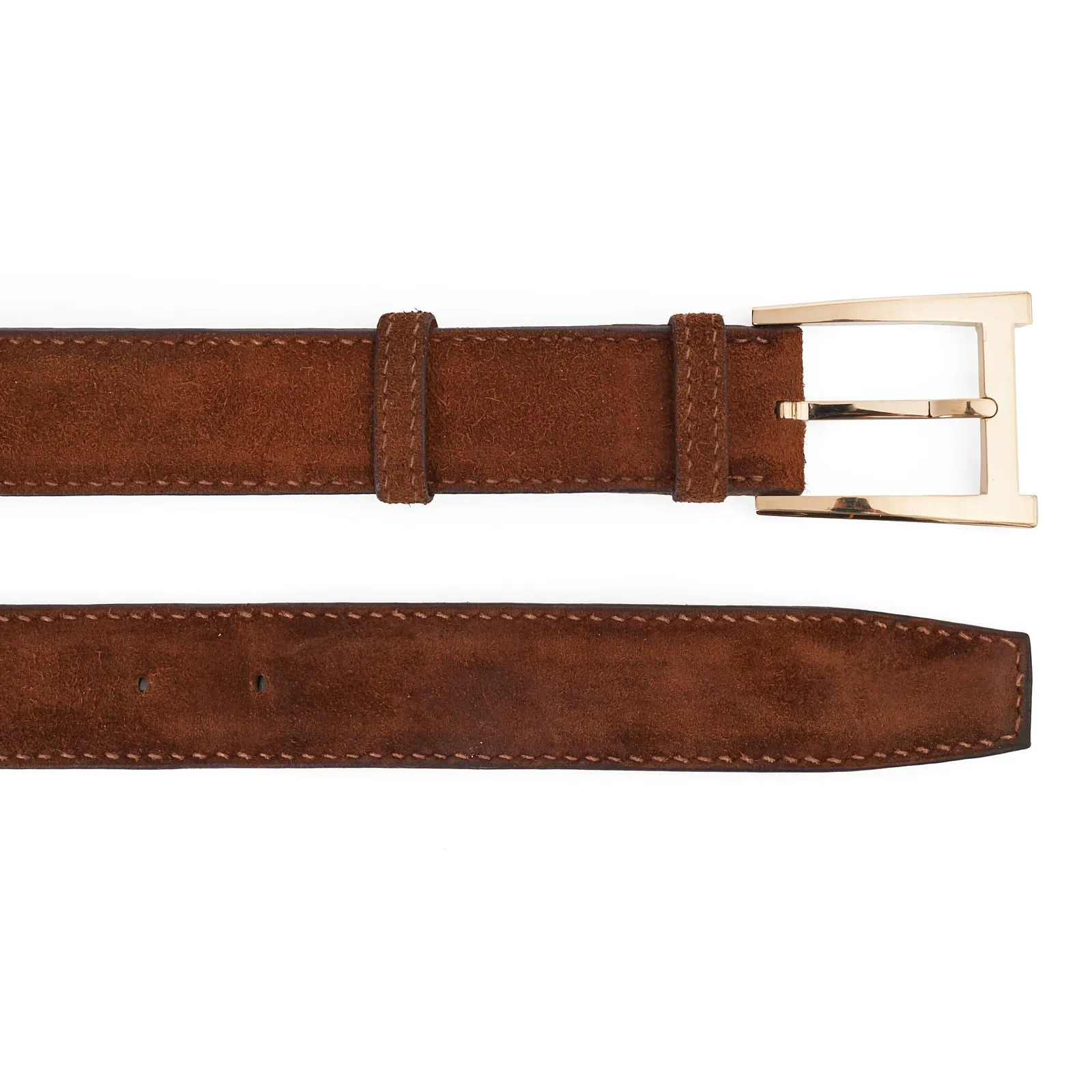 DURET Paris Chestnut Suede Calf Leather Belt with Gold Alpha Buckle 37" 95cm