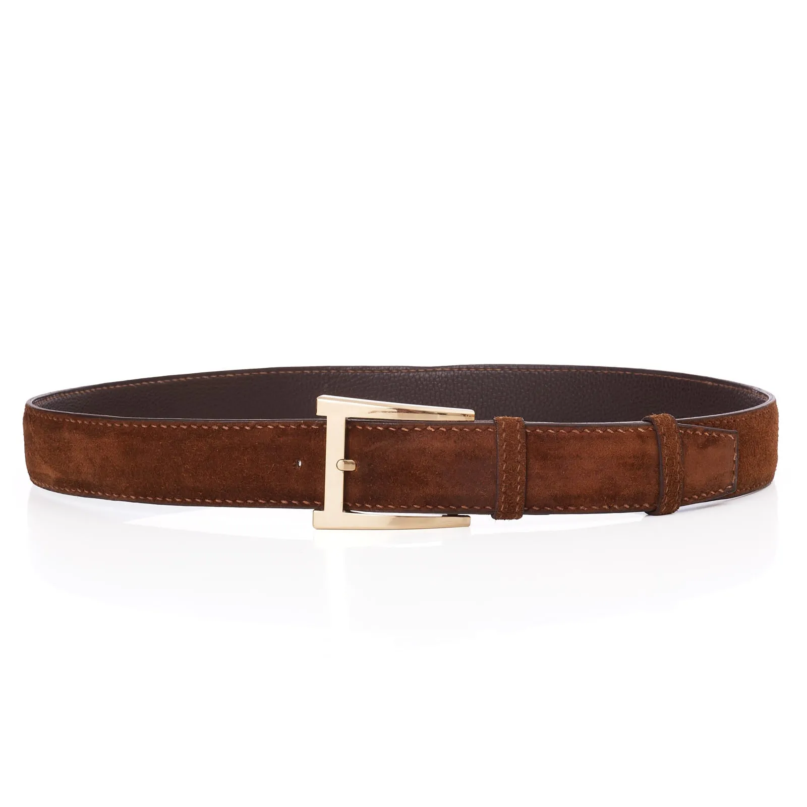 DURET Paris Chestnut Suede Calf Leather Belt with Gold Alpha Buckle 37" 95cm