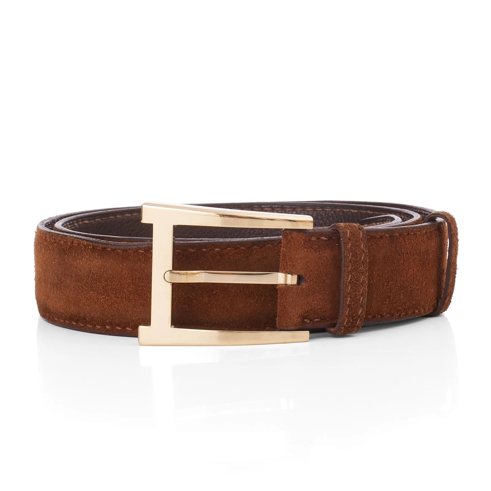 DURET Paris Chestnut Suede Calf Leather Belt with Gold Alpha Buckle 37" 95cm