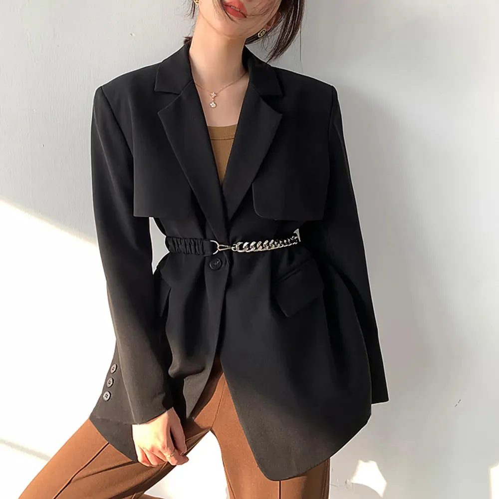 Elegant Black Blazer For Women Notched Collar Long Sleeve Patchwork Chain Solid Blazers Female Autumn Clothing