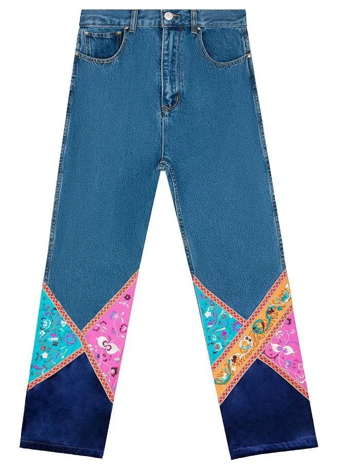 Elegant high waist pants fall fashion denim blue design patchwork pant