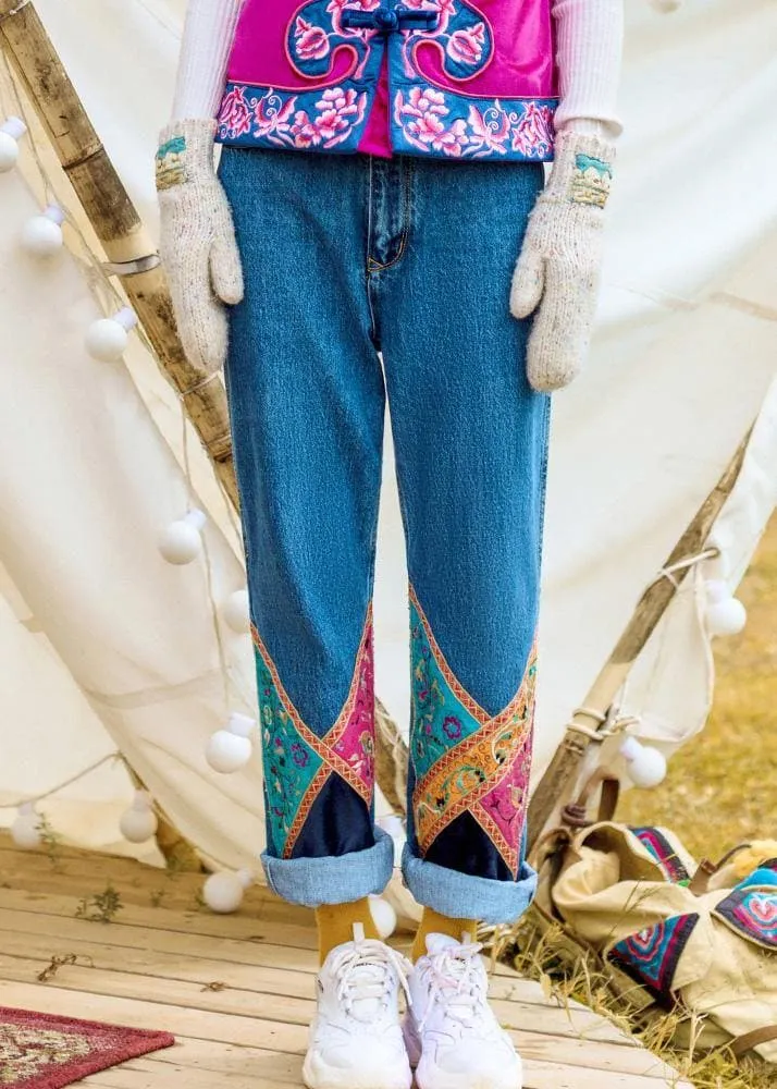 Elegant high waist pants fall fashion denim blue design patchwork pant