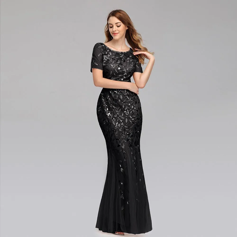 Elegant Pearl Mesh Fishtail Evening Dress in Large Size