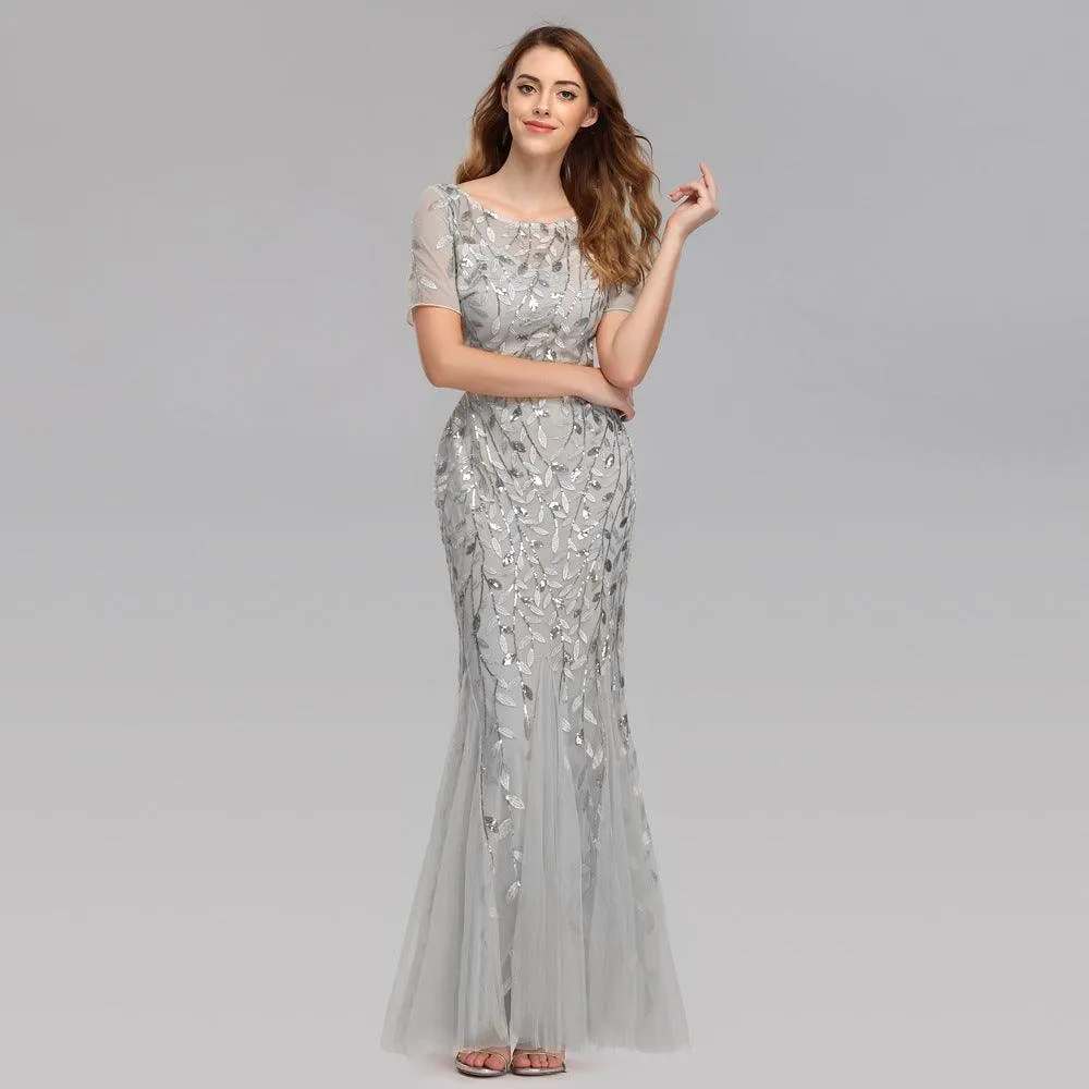 Elegant Pearl Mesh Fishtail Evening Dress in Large Size