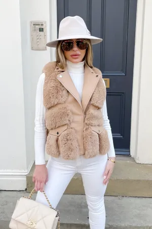 Eliza Camel PU leather faux fur gilet