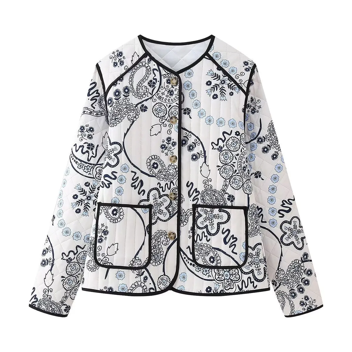 Ethnic Floral Print Quilted Jacket