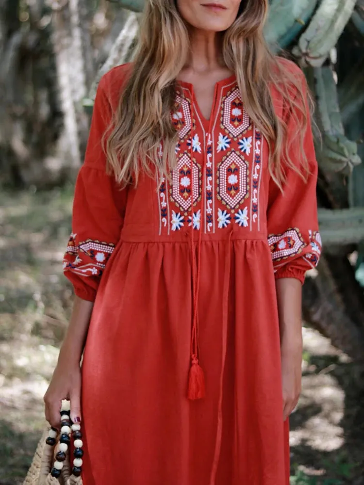 FashionSierra - 2024 Cotton Linen Embroidery A Neck Ruffle Sleeve Boho Dress