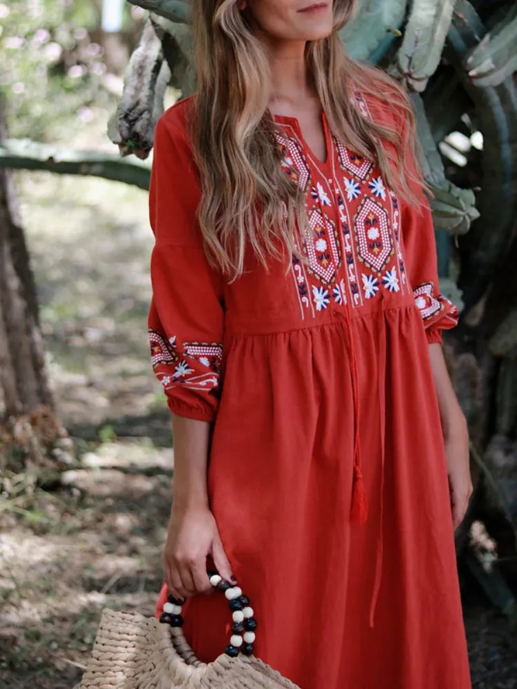 FashionSierra - 2024 Cotton Linen Embroidery A Neck Ruffle Sleeve Boho Dress