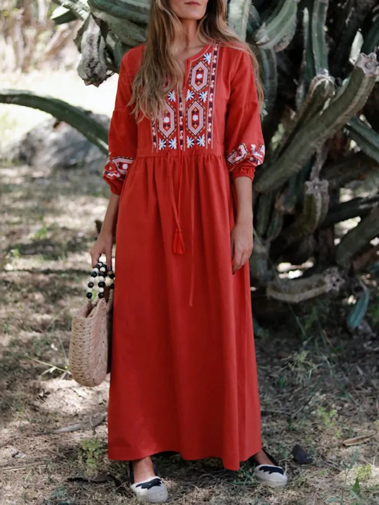 FashionSierra - 2024 Cotton Linen Embroidery A Neck Ruffle Sleeve Boho Dress