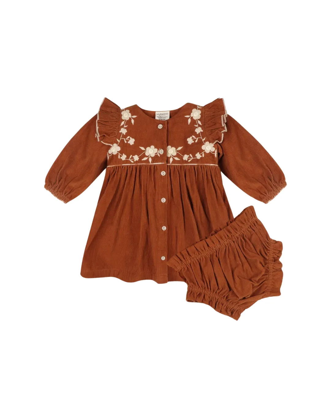 Floral Emb Cord Baby Dress And Bloomer Rust Brown