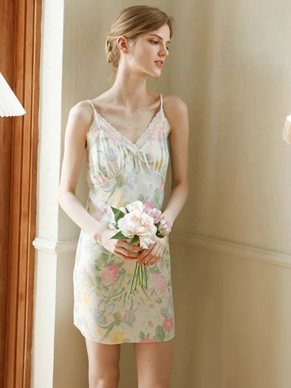 Floral Print Lace Stitching Nightdress