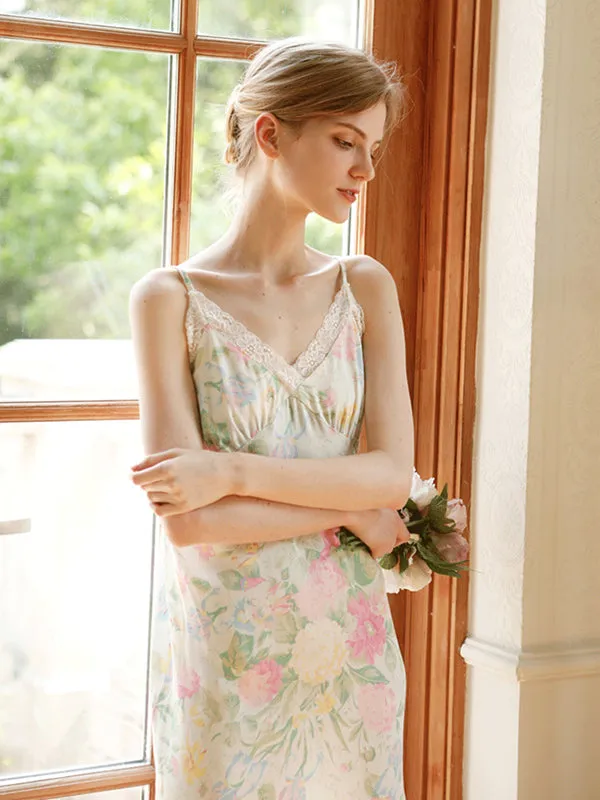 Floral Print Lace Stitching Nightdress