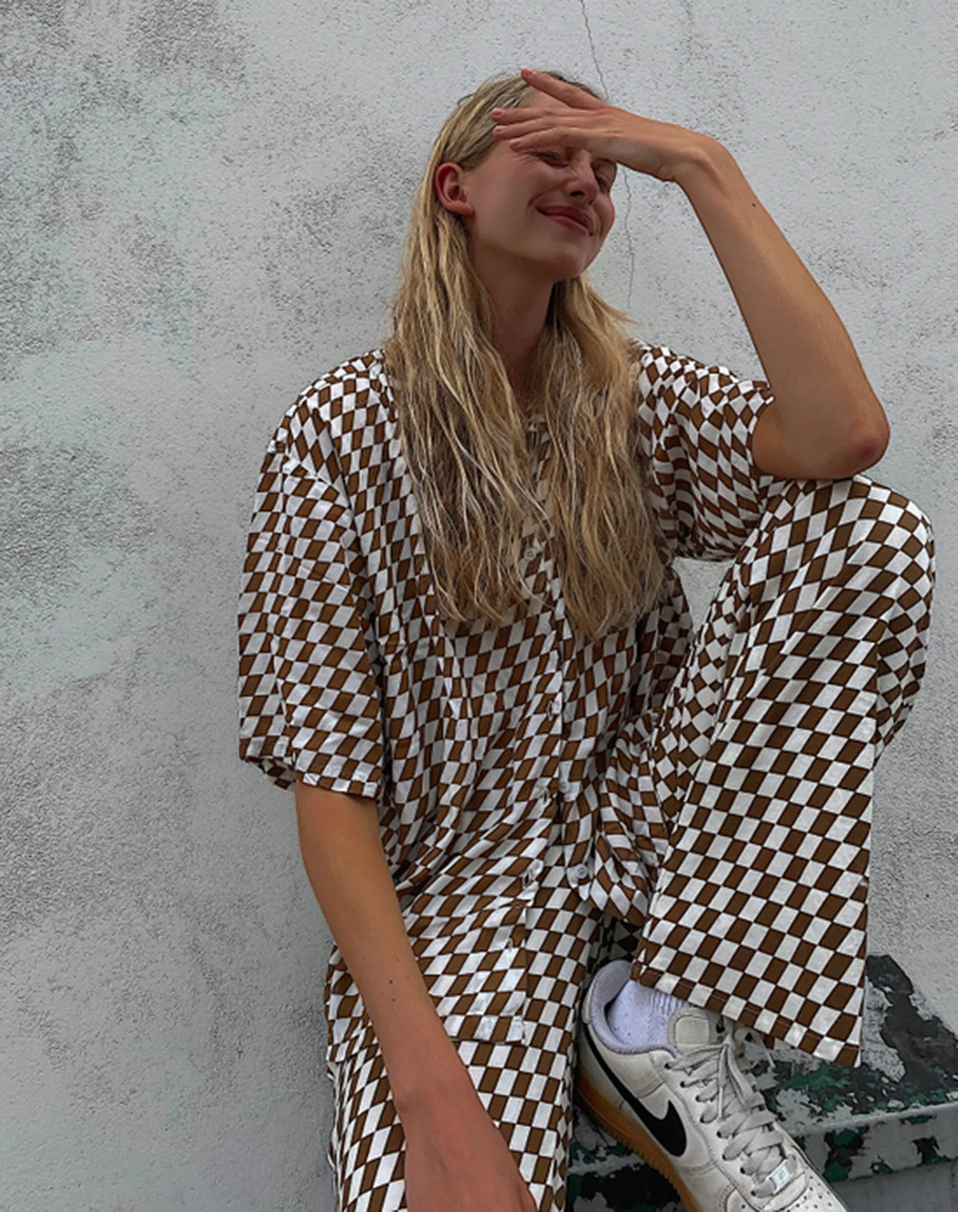 Fresia Shirt Dress in Diagonal Checker Tan and Ivory