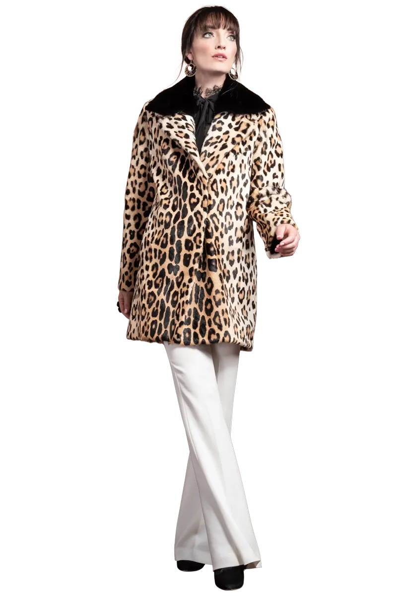 Funny Girl Leopard Print Mid Length Kidskin Fur Coat - Removeable Mink Wing Collar