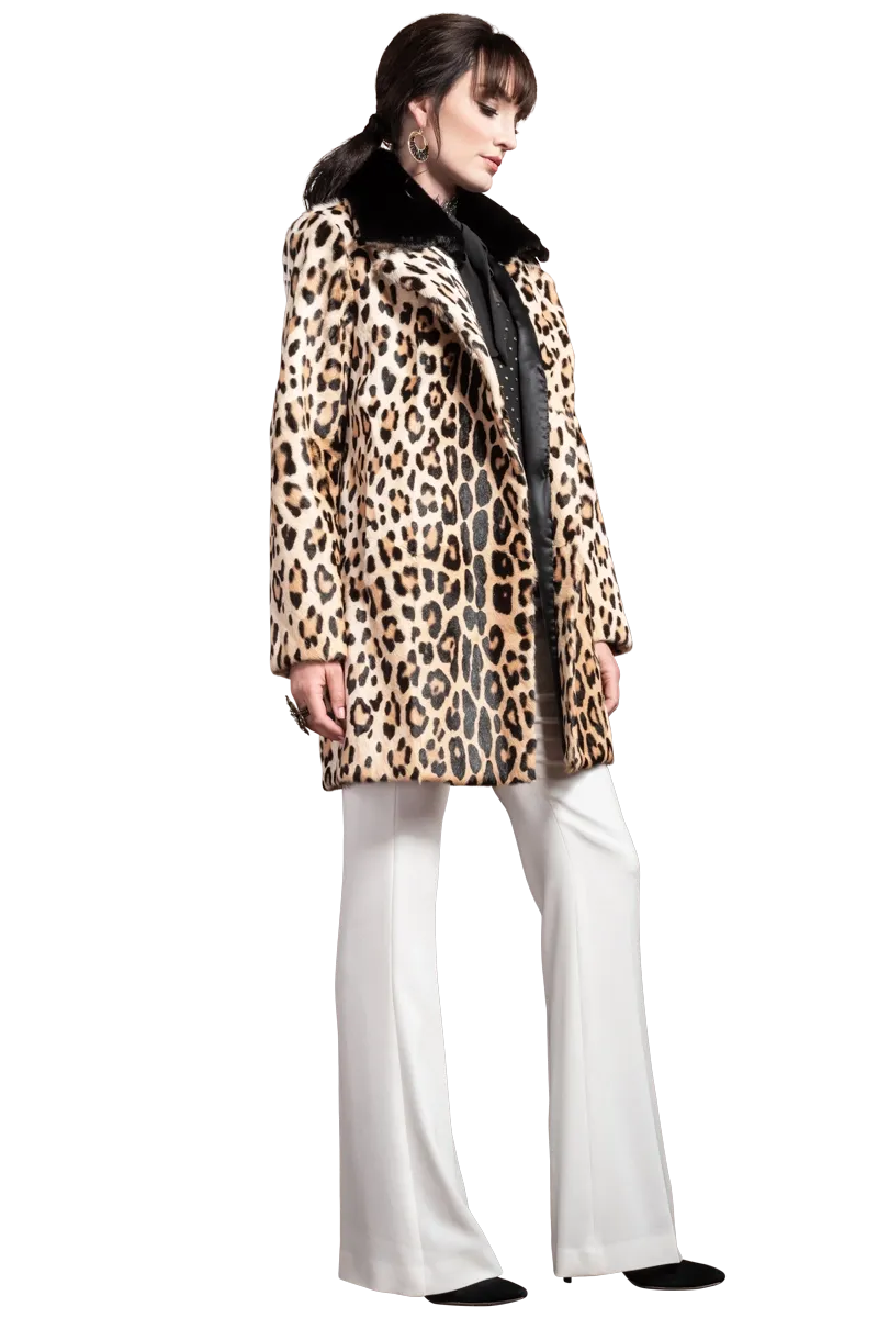 Funny Girl Leopard Print Mid Length Kidskin Fur Coat - Removeable Mink Wing Collar