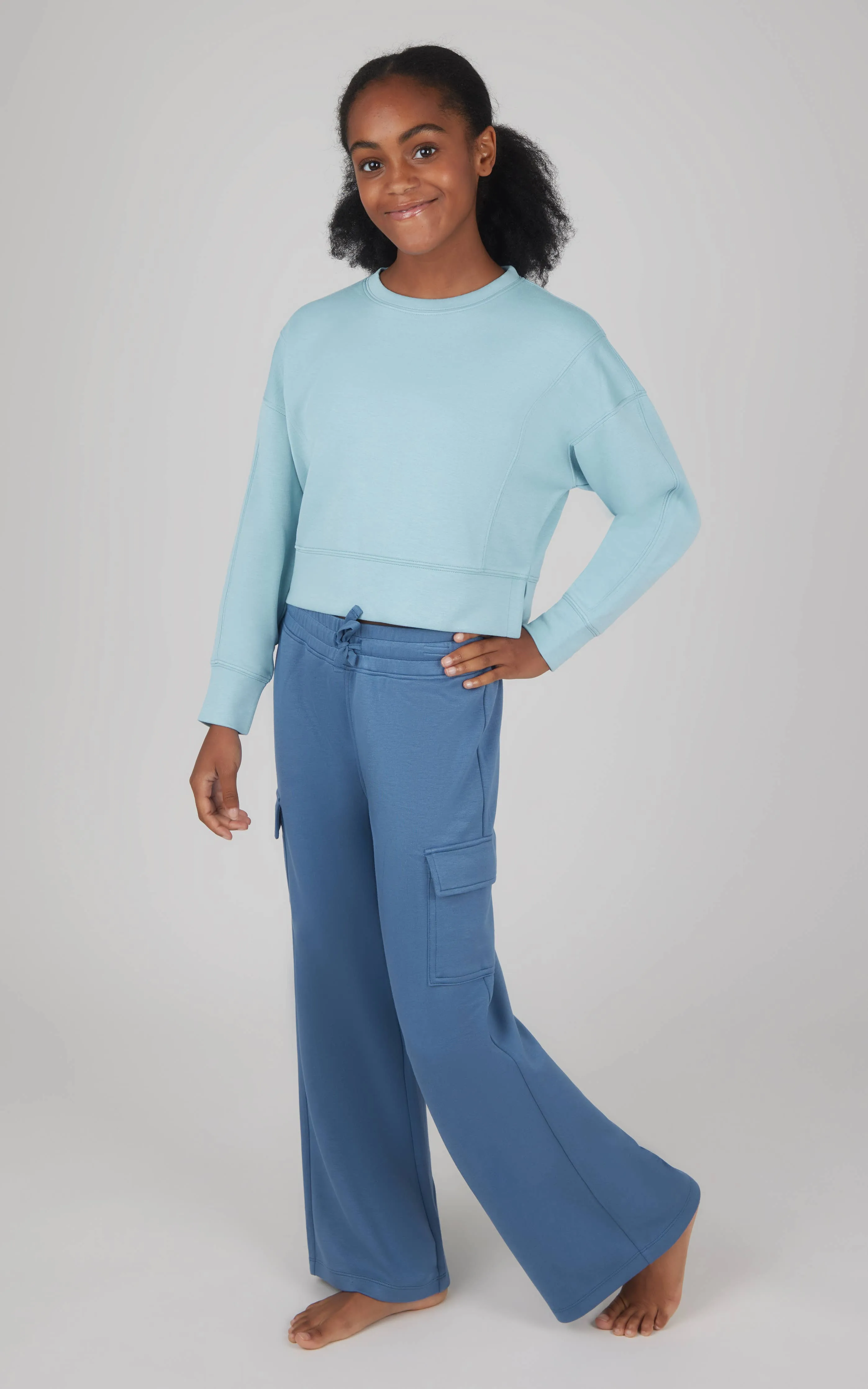 Girls Scuba Pullover and Wide Leg Cargo Pant - Forget Me Not Blue