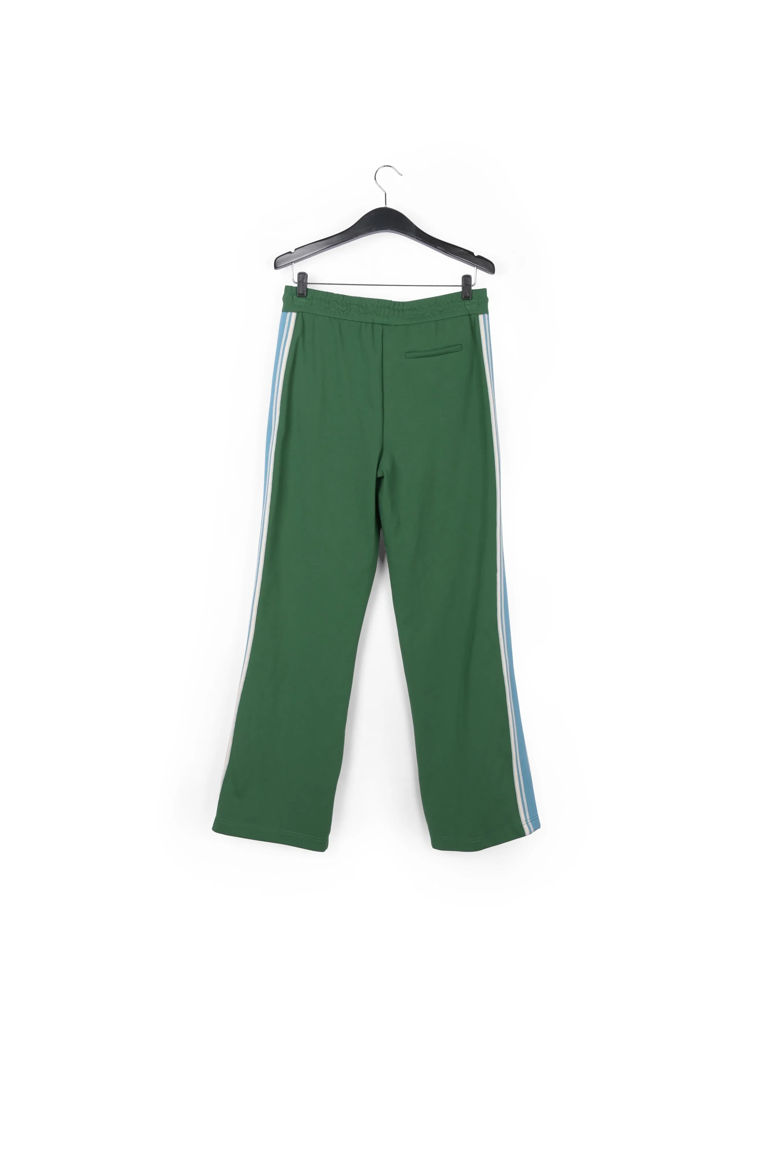 Green track pants with blue and off-white stripes