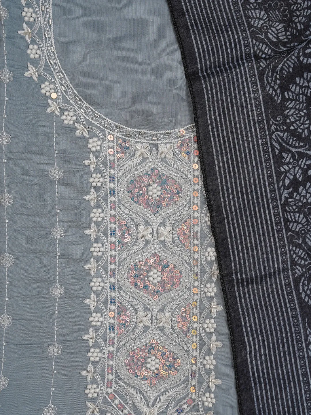 Grey Embellished Pure Silk Dress Material with Dupatta