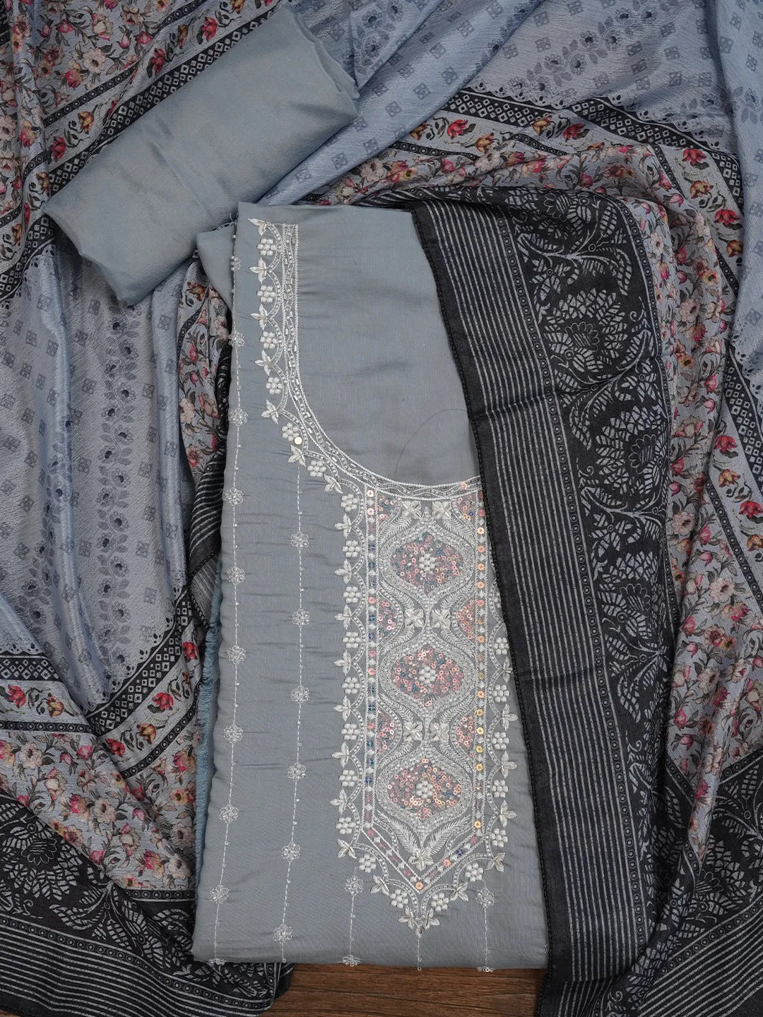 Grey Embellished Pure Silk Dress Material with Dupatta