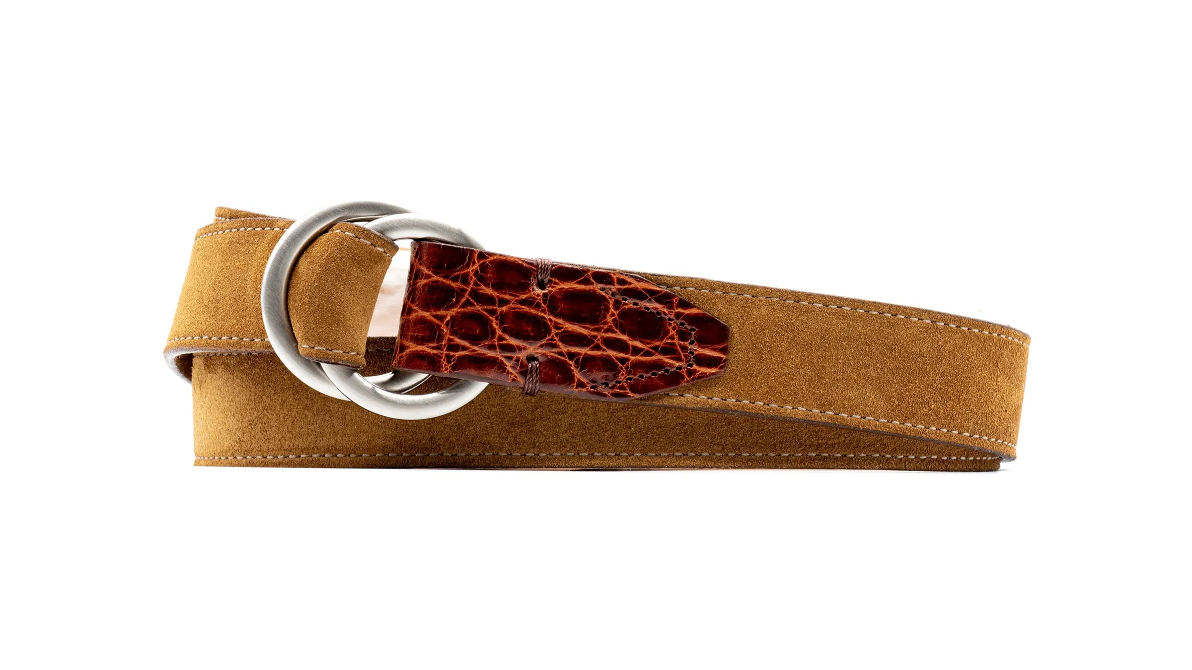 Harrison O-Ring Italian Calf Suede Belt - Tobacco