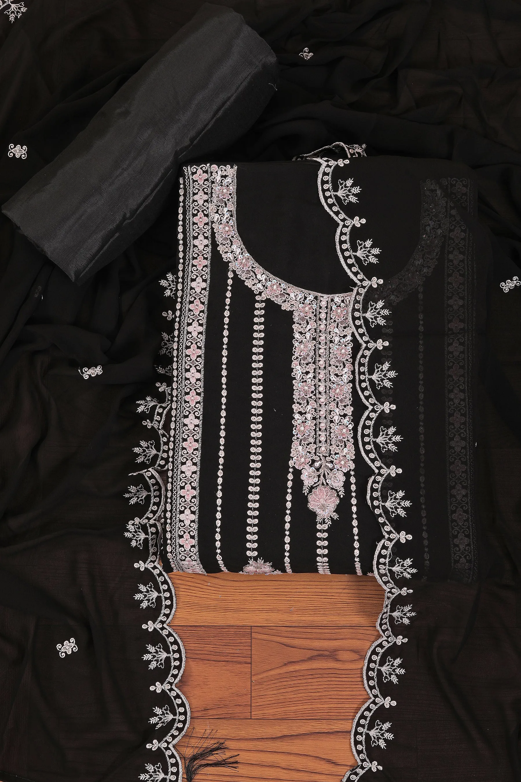 Heavy Embroidered Organza Black Dress Material with Dupatta