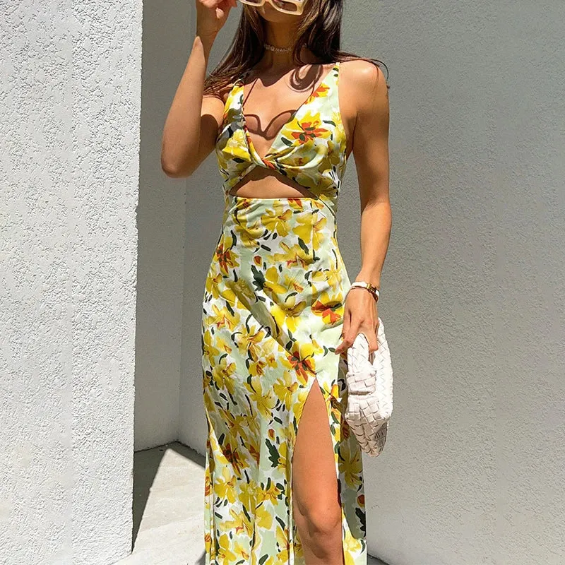 Hollow Out Dress Deep V Neck Slit Floral Print Backless Long Beachwear Sundress Casual Women Dress