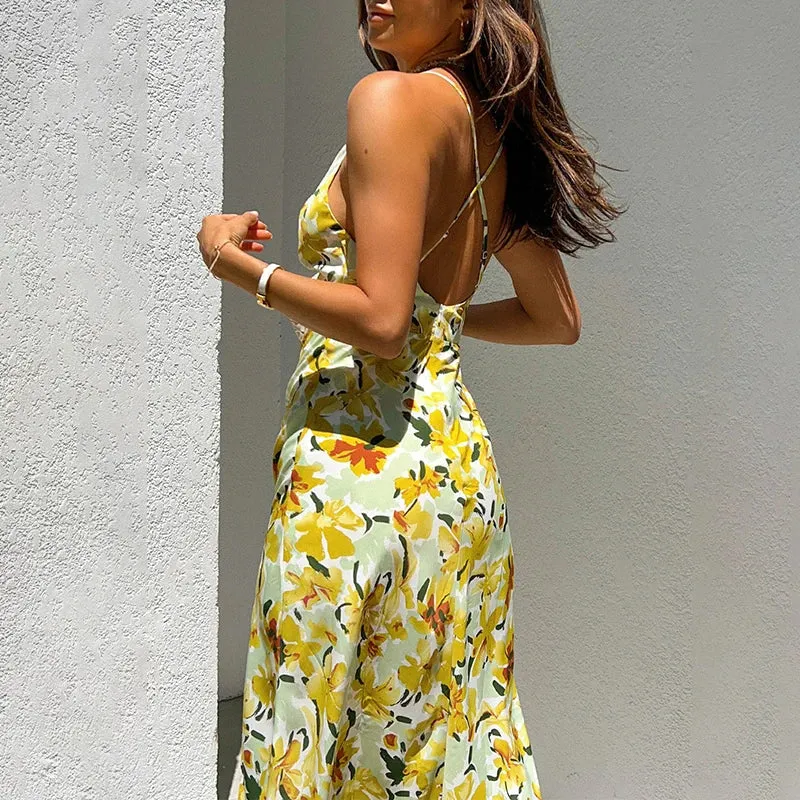 Hollow Out Dress Deep V Neck Slit Floral Print Backless Long Beachwear Sundress Casual Women Dress