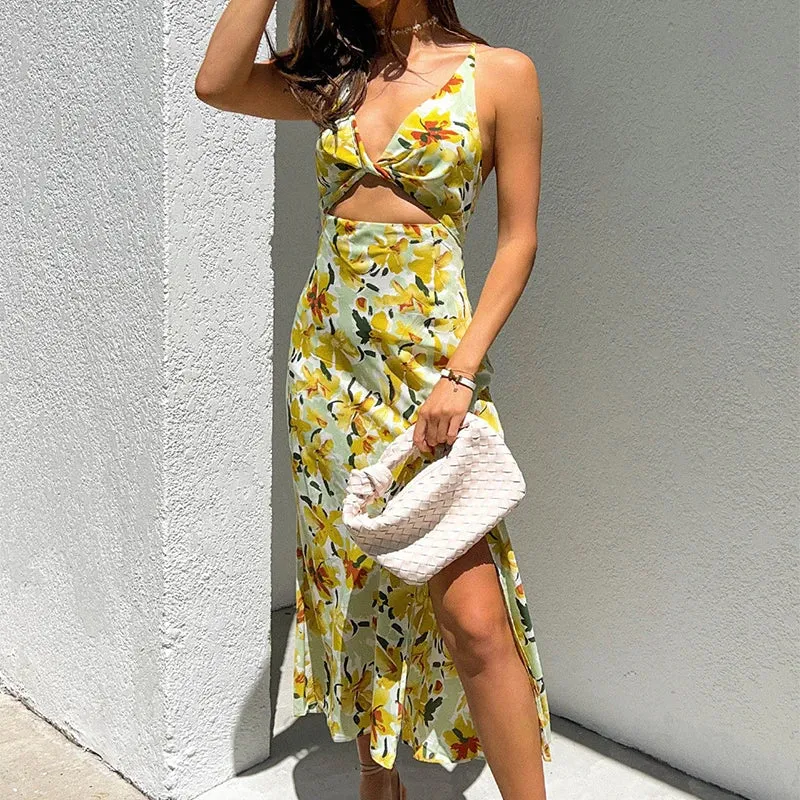 Hollow Out Dress Deep V Neck Slit Floral Print Backless Long Beachwear Sundress Casual Women Dress