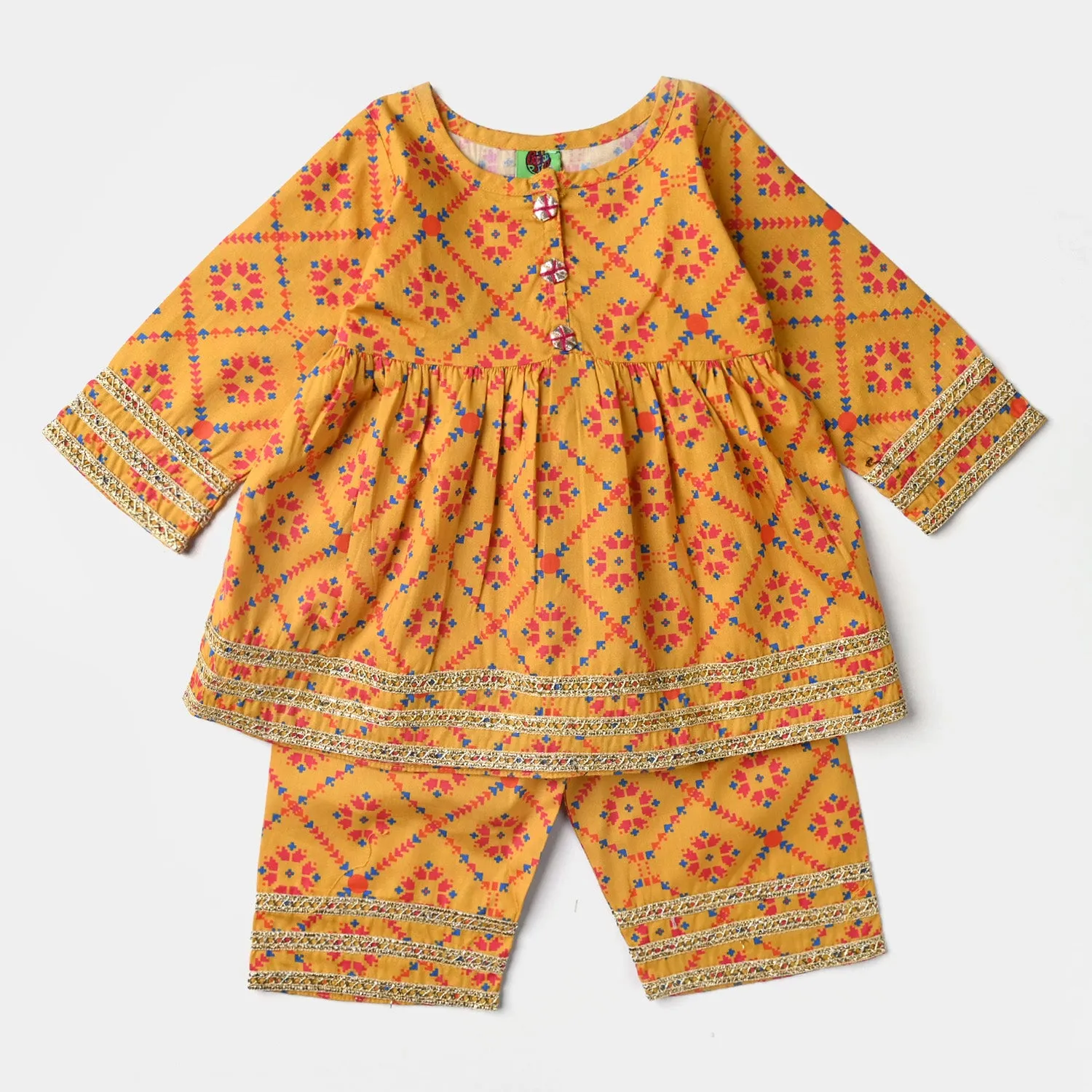 Infant Girls Cotton Poplin Printed 2PC Suit Arrow-Yellow