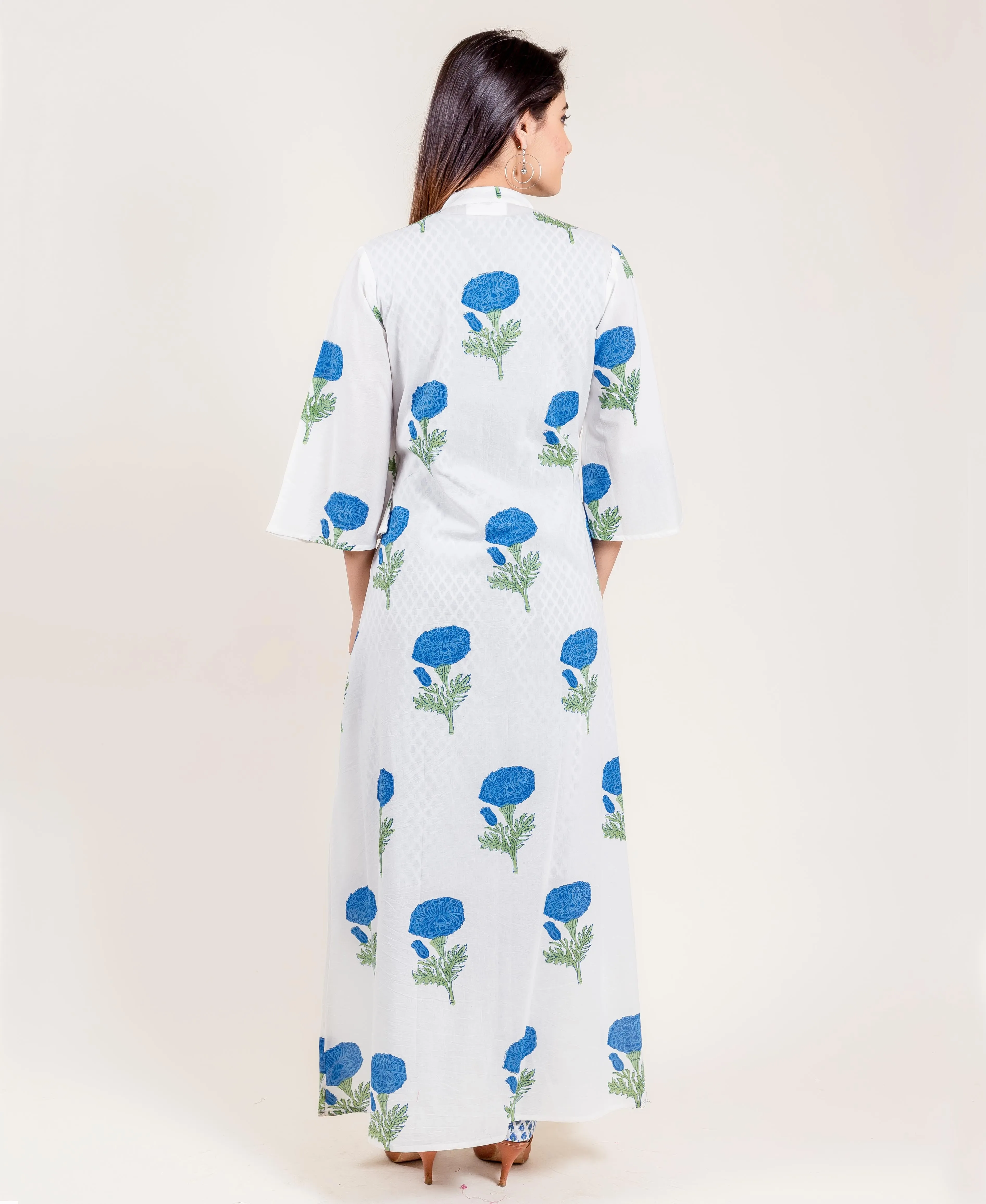 Jacketed Hand Block Printed White And Blue Cotton Lounge Wear