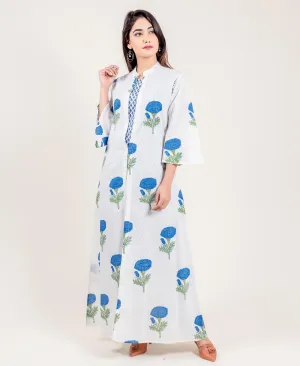 Jacketed Hand Block Printed White And Blue Cotton Lounge Wear