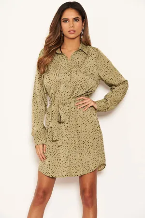 Khaki Love Heart Spotty Shirt Dress