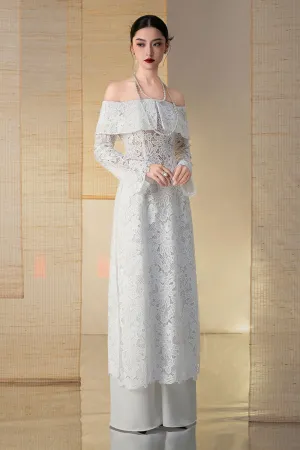 Khue Cac A-line Off-Shoulder Lace Floor Length Ao Dai