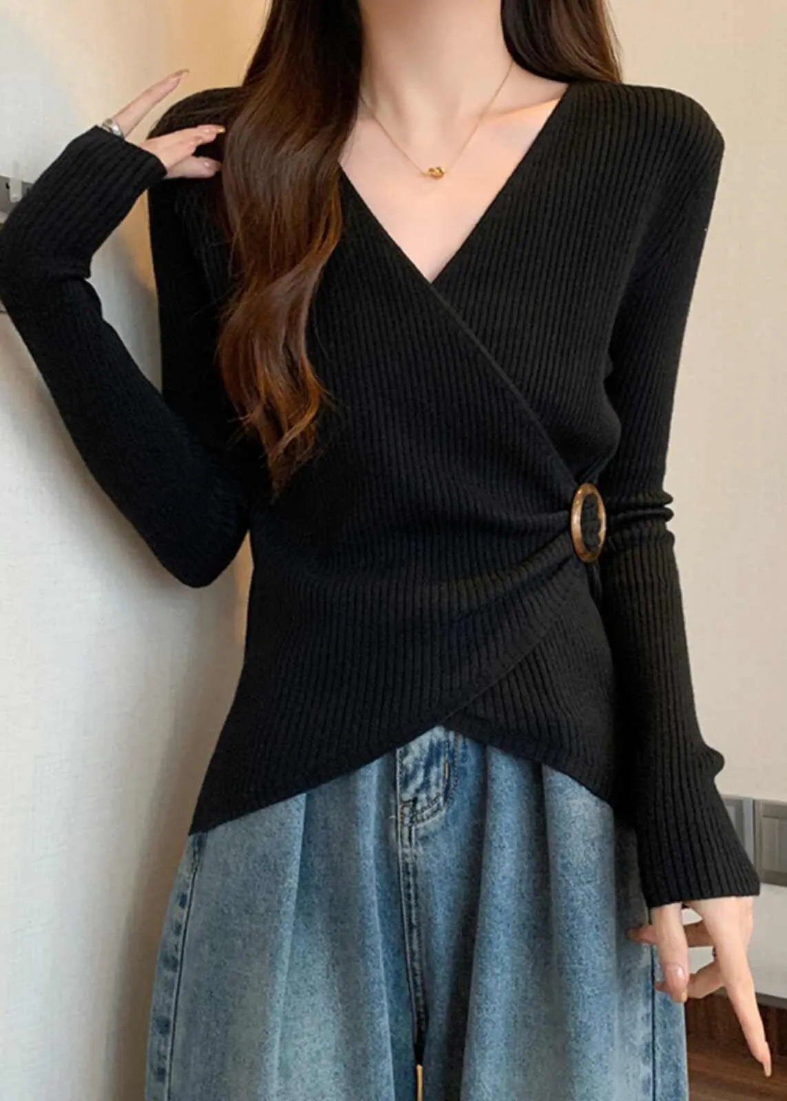 Knit V-Neck Pullover Short Sweater