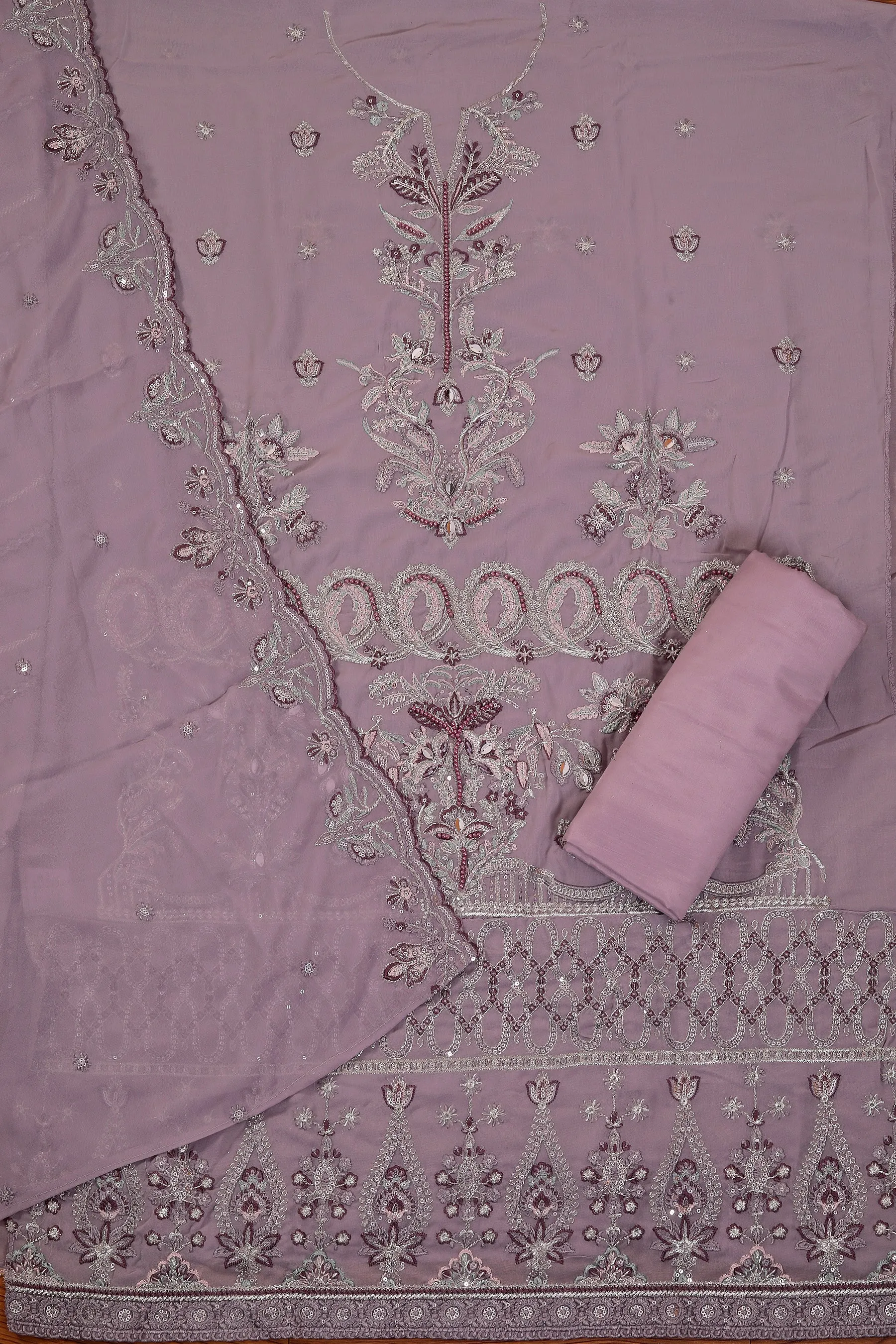 Lavender Heavy Embroidered Poly Georgette Dress Material with Dupatta