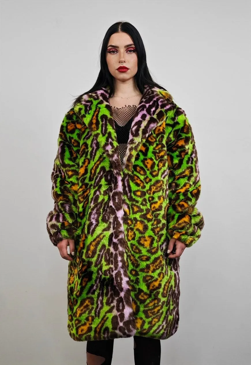 Leopard fauxfur coat green neon animal print festival bomber