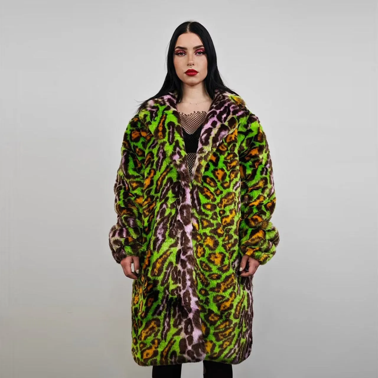 Leopard fauxfur coat green neon animal print festival bomber