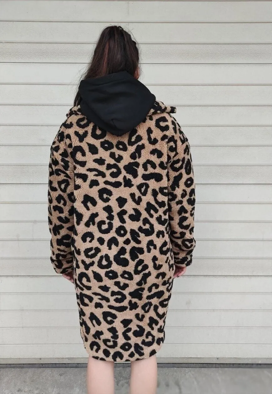 Leopard fleece coat Animal print jacket faux fur Mac brown