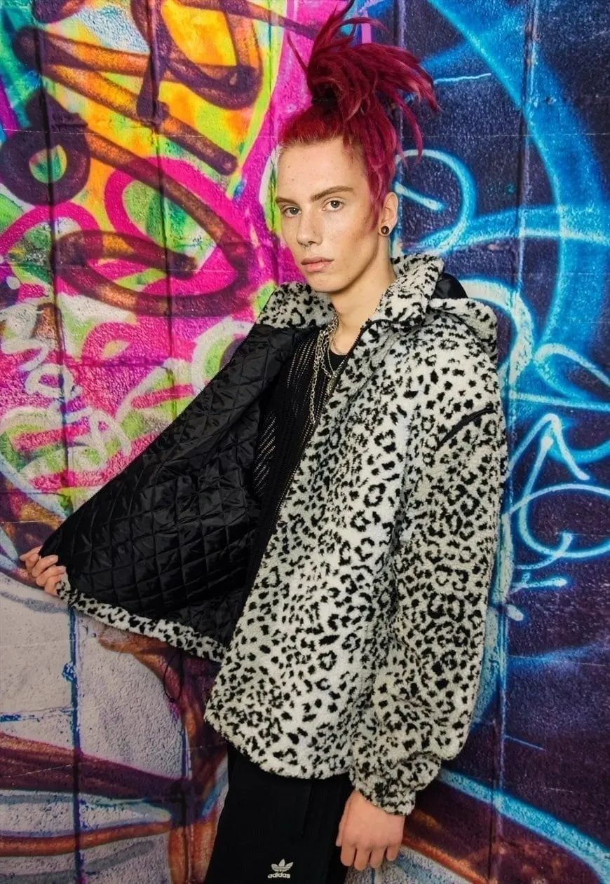 Leopard fleece hooded jacket handmade animal print bomber